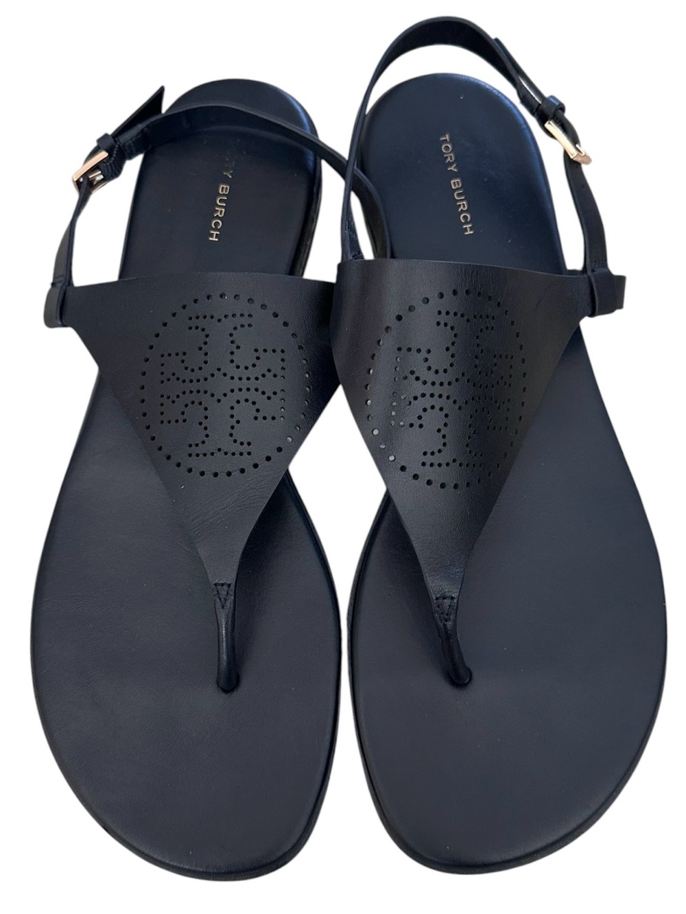 Tory Burch Capri Perforated Perf Logo Perfect Black Leather Thong Sandals 10 Box